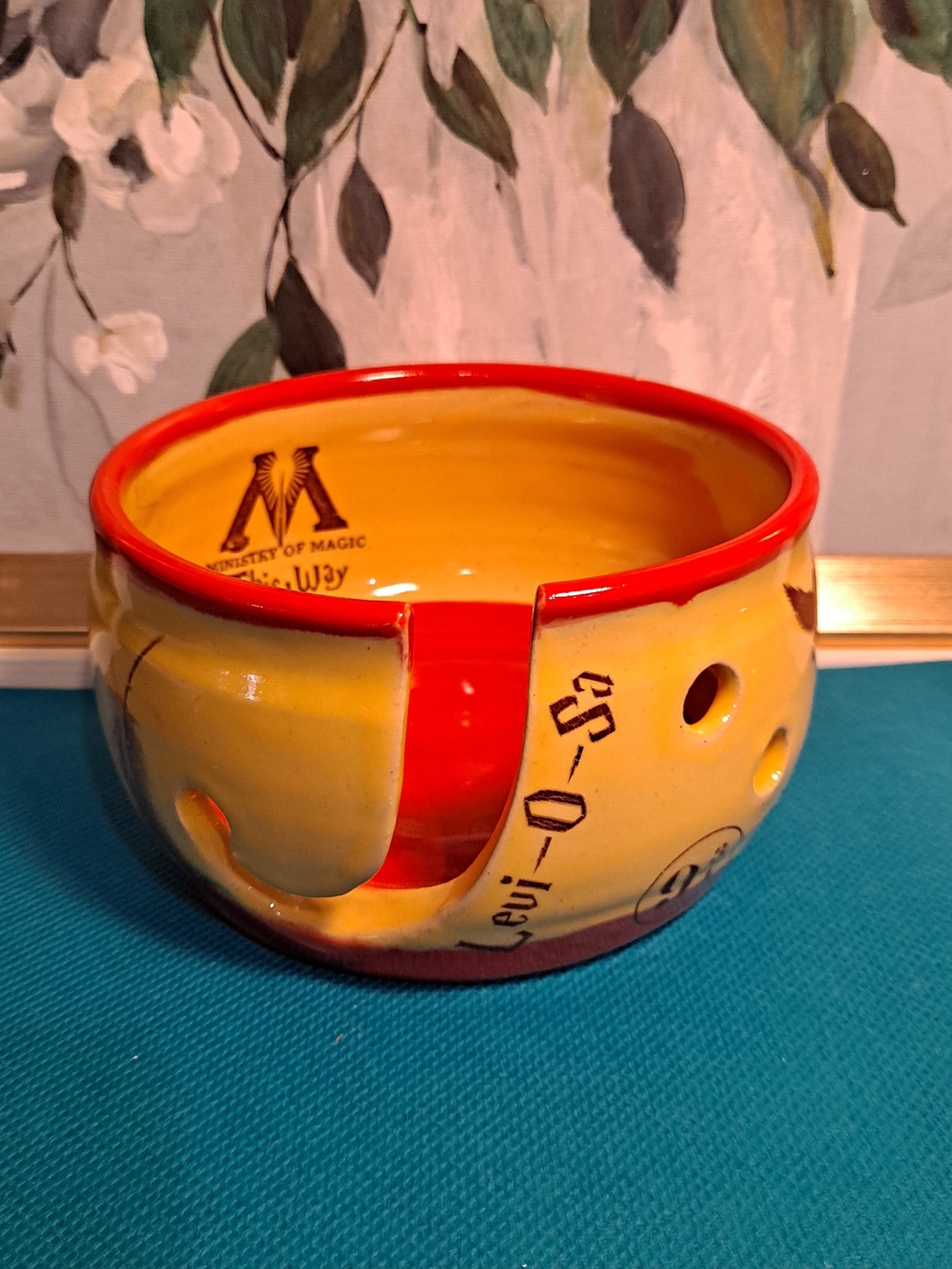 Artisan Crafted Yellow Red Ceramic Yarn Holder Bowl Hogwarts Harry Potter